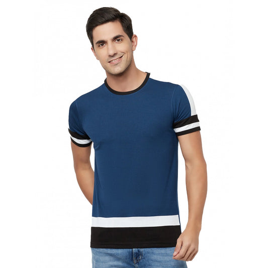 Generic Men's Casual Colorblock Cotton Blend Round Neck T-shirt (Blue)